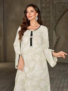 Solessence Women's Round Neck Contrast Collar Bow Decor Random Floral Print Elegant Maxi Arabic Style Dress - Apricot - View 3
