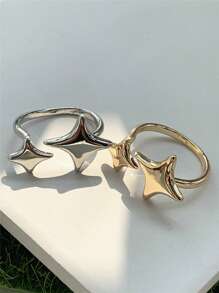 1 pieza Anillo abierto ajustable de cobre, estilo brillante de estrella de 4 puntas en oro o plata, regalo clásico de joyería para hombres y mujeres