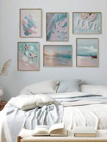 6件套海岸风情装饰墙画，包含沙滩、海星、冲浪板、桥梁、芦苇、北欧风格图案，适合客厅装饰，不含画框
