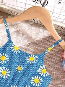 1pc Girls Daisy Floral Print Casual Suspender Dress, Summer Holiday Wear - Blue - View 5