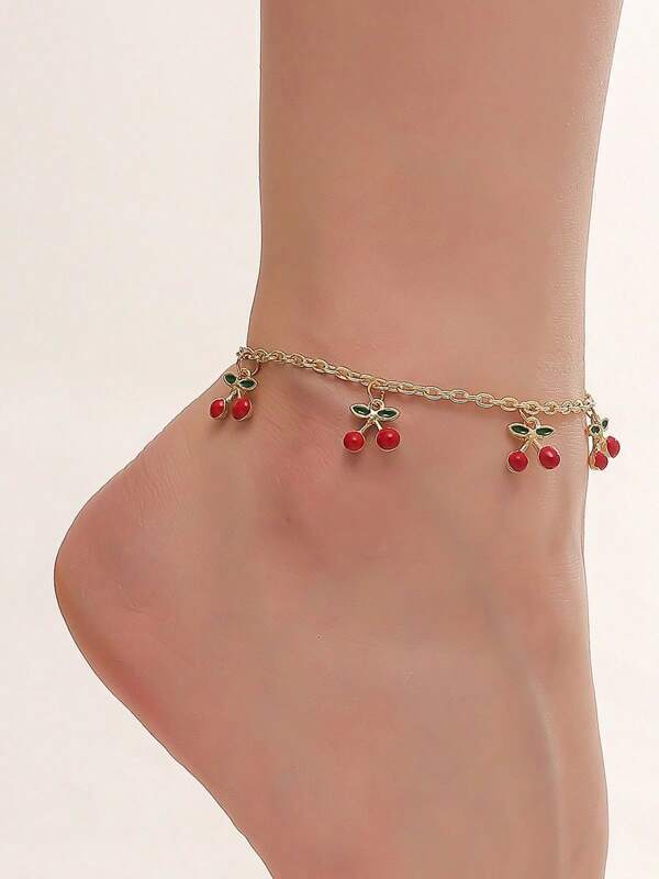 1pc Cherry Pendant Beach Anklet For Women, Suitable For Beach Vacation & Daily Commuting Outfit, Summer