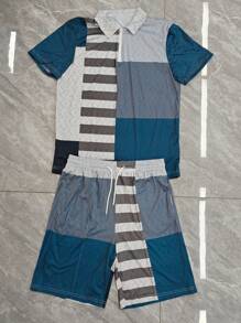 1 Set Men's Sports Casual Suit, Jacquard Splice Print Polo Shirt And Knee Length Shorts Outfit, Summer