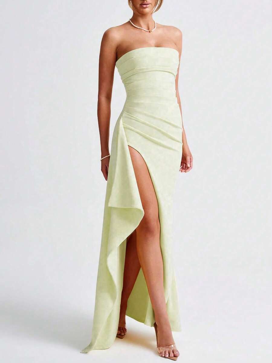 1pc Women's Solid Color Strapless Thigh High Slit Hem Elegant Dress - Cream - View 1