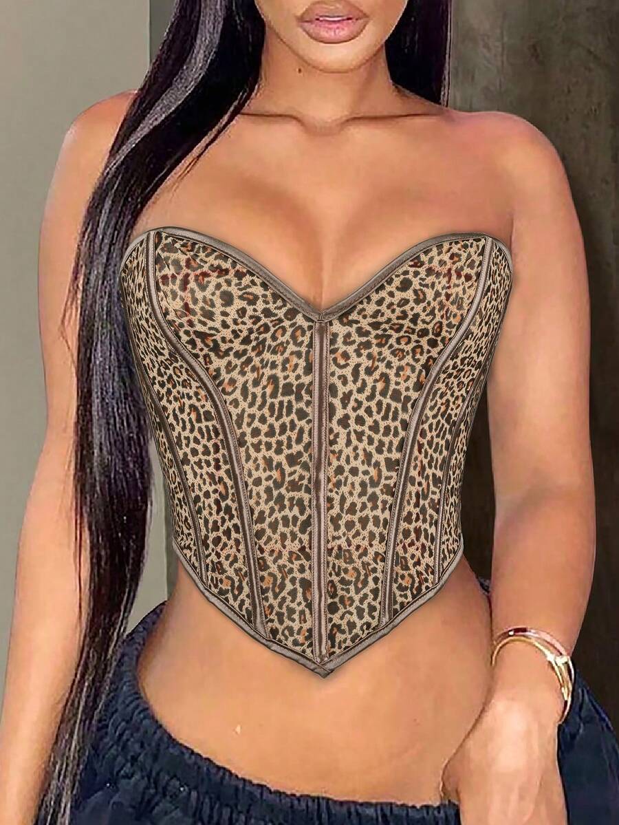Y2K Leopard Print Cropped Bustier Top, Summer Midriff-Baring Bandeau With Underwire, Asymmetric Curved Hem, Metal Grommet Lace-Up Open Back Shapewear, Suitable For Various Styles - Multicolor - View 1