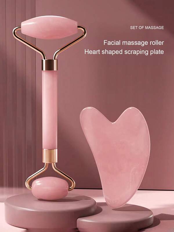 1/2 piezas Rodillo de jade y Gua Sha, rodillo facial, herramientas de cuidado de la piel con rodillo facial, masajeador de cuarzo rosa para relajar la cara, ojos, cuello y músculos del Body, regalo perfecto