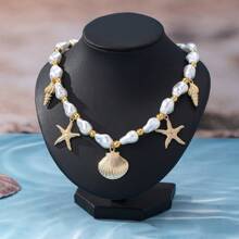 1 pieza Collar para mujer con cuentas de perla y conchas y estrellas de mar en estilo francés con elementos marinos