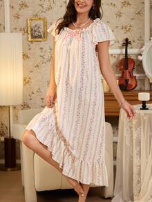 RS Pajama1 Ladies Stripe Floral Printed Ruffle Hem Bow Accent Sleep Dress - Beige - View 9