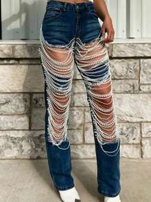 Women's Dark Blue Mid Waist Casual Sexy Straight Leg Pants, Fashionable Perforated Pearl Chain Decoration, Suitable For Nightclubs, Parties, Nightclubs - Xanh đậm - Xem 2