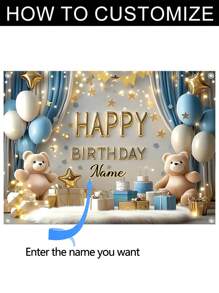 1 Pc Customizable Name Birthday Party Banner, Polyester Cute Bear Blue Curtains Gift Pattern Photography Background, Personalized Name Birthday Banner For Home Wall Cake Tabletop Decorating Supplies, 3 Sizes Available,Multi-Functional,Ornamental,Letter,Stylish,Modern,Colorful,Cute,Adorable,Casual,Custom,Personalised,Unique,Customized,Ideal Gifts For Him,Ideal Gifts For Her