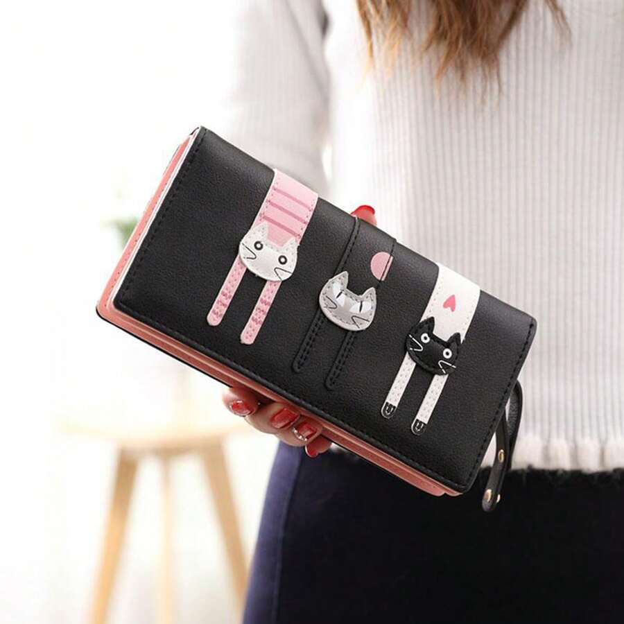Dompet Panjang Motif Kartun Hewan Lucu untuk Wanita, Dompet Clutch Kapasitas Besar, Dompet Wanita, Dompet Gantungan Kunci, Dompet Mini, Dompet Pergelangan Tangan - Hitam - View 1