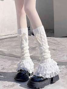 1 Pair Women White Lolita Bowknot Lace Trim Cable Knit Leg Warmers Christmas Gift
