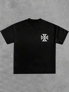Playera de verano para hombre, con estampado de letras y logotipo, cuello redondo, manga corta, 100 % algodón, 220 g, algodón grueso, cómoda - Negro - Ver 2