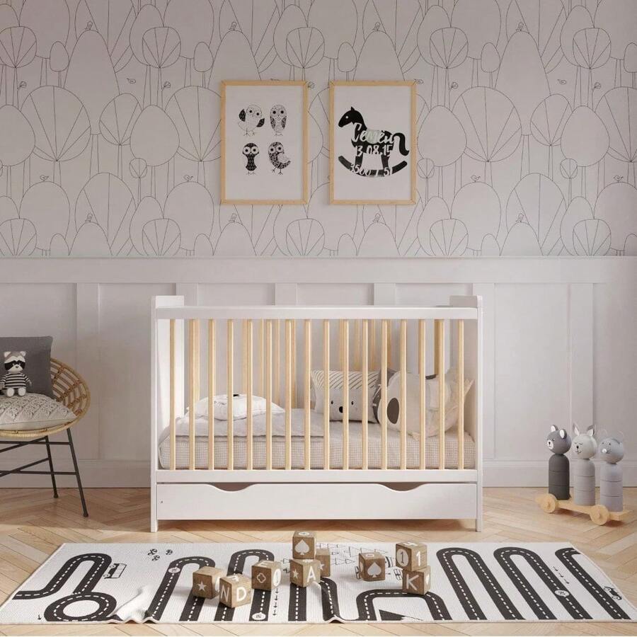 TOKYO Wooden Baby Cot Bed 120x60cm With Covered Drawer And Safety Wooden Barrier (White/Pine)