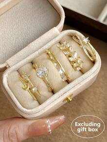 Set de 5 anillos elegantes con diseño de estrella y luna de circonita cúbica sintética de lujo con diseño de hojas cruzadas, de moda y adecuado para fiesta, vacaciones y uso diario - Amarillo Oro - Ver 3