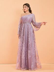 Anpoket,New Arrival,Oblique Shoulder,Lace,Elegant,Plus Size Evening Gown Dress,Tie Lace,Long Sleeve,Long Dress - Purple - View 3