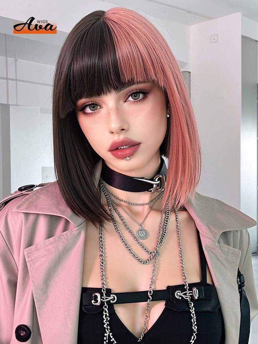 Ava WIGS 黑色粉色 12 英寸短假发直发波波头渐变色假发女士假发合成街头朋克音乐节假发日常派对用 - 彩色 - 查看 1