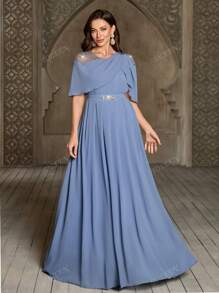 Women's Elegant Long Dress With Shoulder Mesh Patchwork, Beaded, Pleated, Waist Belt Decor, Solid Color