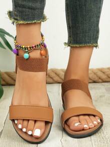 Versatile Youth Essential! Black Elastic Webbing Paired With Minimalist Leather Stripes, Double Strap Design Conforms To The Ankle For Comfortable And Non-Constrictive Wear. Soft And Textured Deep Brown Outsole Is Slip-Resistant And Durable. Open-Toe Style Is Breezy And Breathable, Whether For Casual Outings Or Campus Strolls, Easily Achieving A Laidback Yet Fashionable Summer Look For Young People.