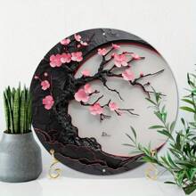1 Peça Arte de Parede de Madeira em Forma de Lua de 8x8 Polegadas com Design de Flor de Cerejeira Elegante - Design de Flor Rosa e Lua Crescente com Detalhes Dourados, Ideal para Decoração de Casa Moderna ou Estilo Japonês