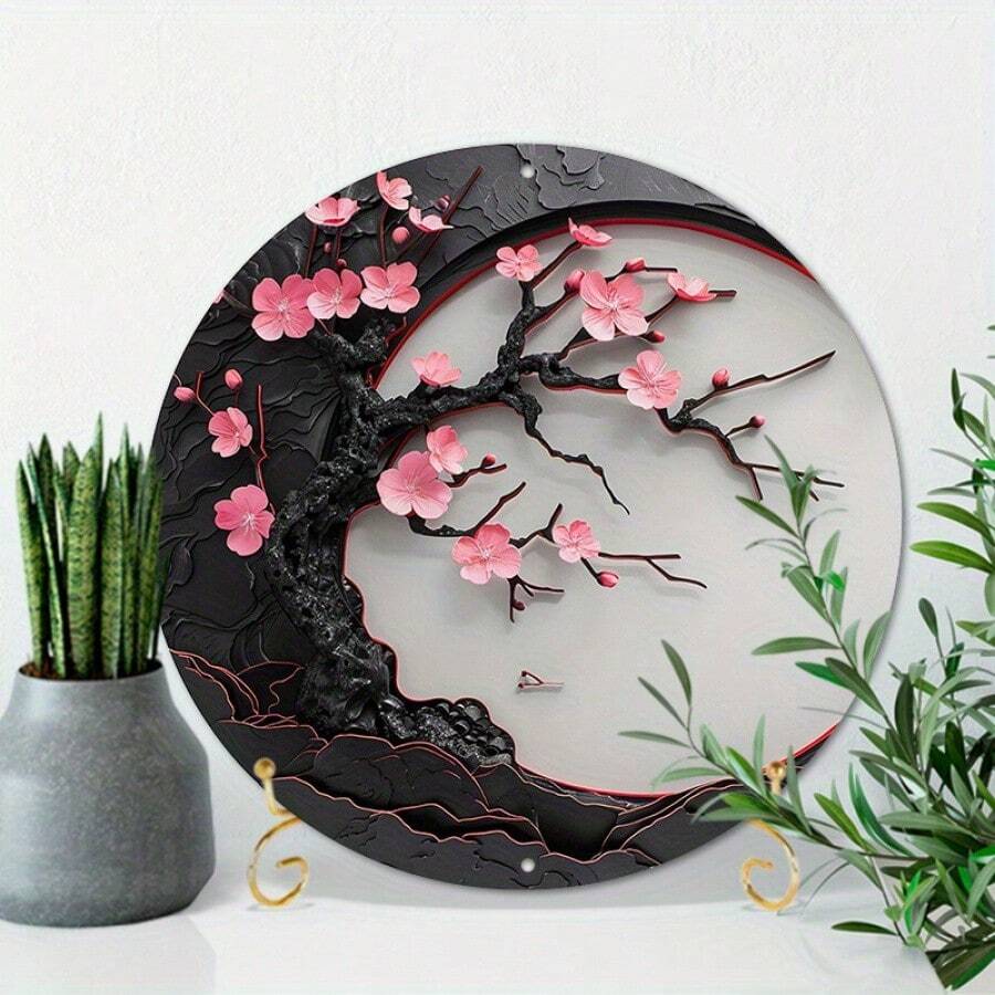 1 Peça Arte de Parede de Madeira em Forma de Lua de 8x8 Polegadas com Design de Flor de Cerejeira Elegante - Design de Flor Rosa e Lua Crescente com Detalhes Dourados, Ideal para Decoração de Casa Moderna ou Estilo Japonês