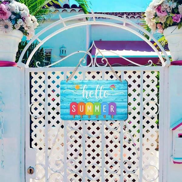 1pc "Hello Summer" 2D Flat Wooden Sign With Sun Design - Vibrant Blue Ocean Background, Rustic Blue Wood Board With Colorful Summer Accents, Suitable For Indoor/Outdoor Home Decor, Summer Home Decor | Joyful Summer Decoration | Bright Colors, Summer Decor