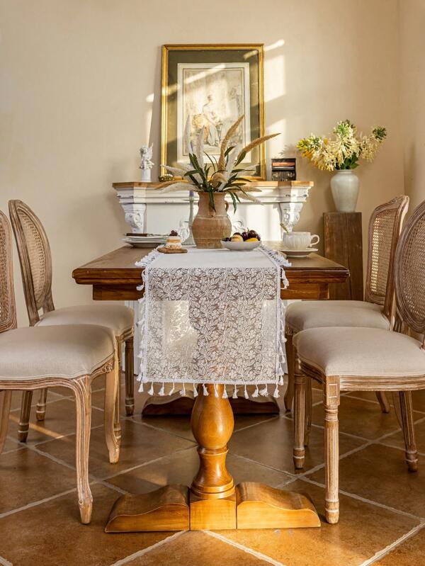 1 pieza Corredor de mesa rectangular de encaje blanco con diseño floral y de hojas frescas - 100% poliéster para decoración de fiesta de boda y cumpleaños, cocina y comedor, decoración de mesa de boda | Decoración exquisita | Diseño de encaje intrincado