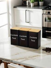 1/3pcs- Coffee, Sugar, And Tea Sealed Storage Cans, Bamboo Lid Tin Boxes, Personalized Iron Lid Tin Square Tea Cans, Kitchen Set Cans, Kitchen Storage Utensils, 3 Pieces Set Combination With Trays - Multicolor - View 3