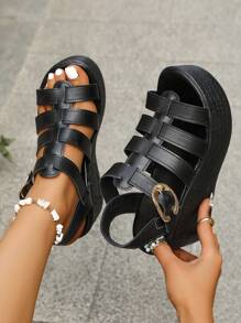 Sandálias de Plataforma com Cunha Romana de Plus Size para Mulheres, Cor Sólida com Fivela de Metal, Tecido Macio e Respirável, Adequado para Uso Diário, Reuniões, Casual com Calças ou Saias, Moda e Conforto, Essencial para o Guarda-roupa