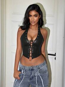 Yuwenier Y2K Punk Neckholder Grommet Ösen Vorderseite Korsett Crop Neckholder Top Rückenfrei PU Leder Formwäsche Mini Tops Konzert Frauen