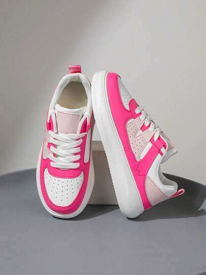 1 Pair Teen Low-Top Sneakers, PU Leather Sport Shoes, Casual Indoor/Outdoor Running Footwear, Lightweight, Anti-Slip, Breathable, Comfortable, Fashion, Campus Style, Pink Color Combination