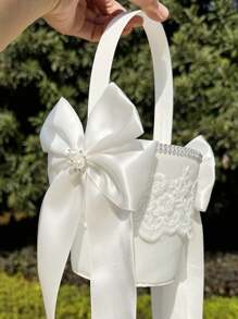 1 pieza Canasta grande para niña de las flores para bodas, canasta de boda de hadas, canasta de pétalos de marfil, confeti, dulces, suministros para fiestas, canasta de frutas, decoración del hogar, regalos, decoraciones de cumpleaños, decoraciones de fiesta, decoraciones de despedida de soltera, verano, playa, regreso a la escuela, suministros escolares, decoración de habitación