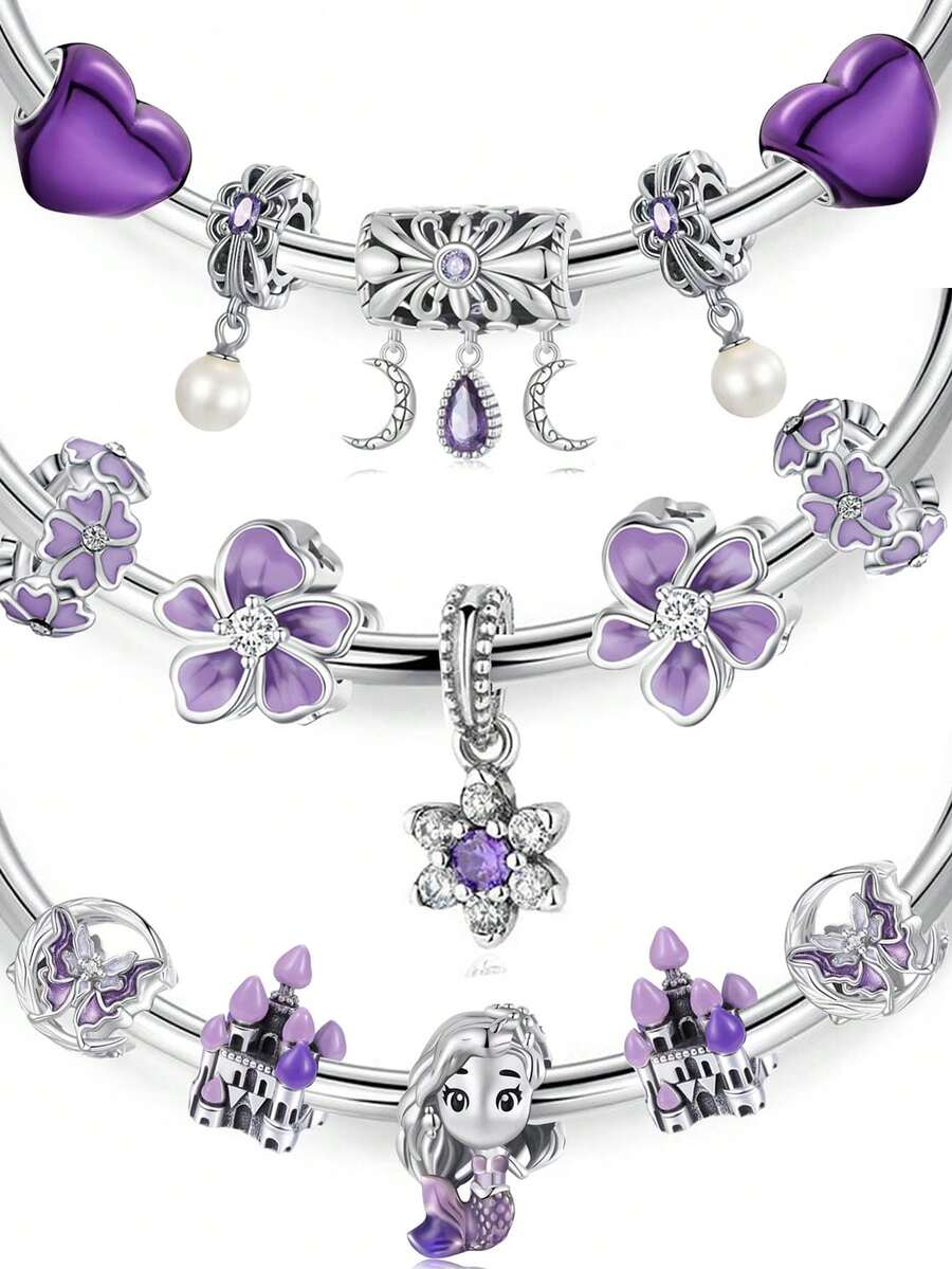 1 Pc Purple Series With Beads, Love & Flower & Bow & Castle & Mermaid & Star & Moon & Pearl Pendant Beads For DIY Bracelet/Necklace Wear, Explosive Jewelry To Make Birthday Daily Jewelry Gifts - Silver - View 1
