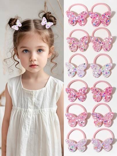 10pcs Multi-Color Glitter Butterfly Hair Scrunchies For Girls, Elastic Hair Bands For Kids Hairstyles And Daily Use