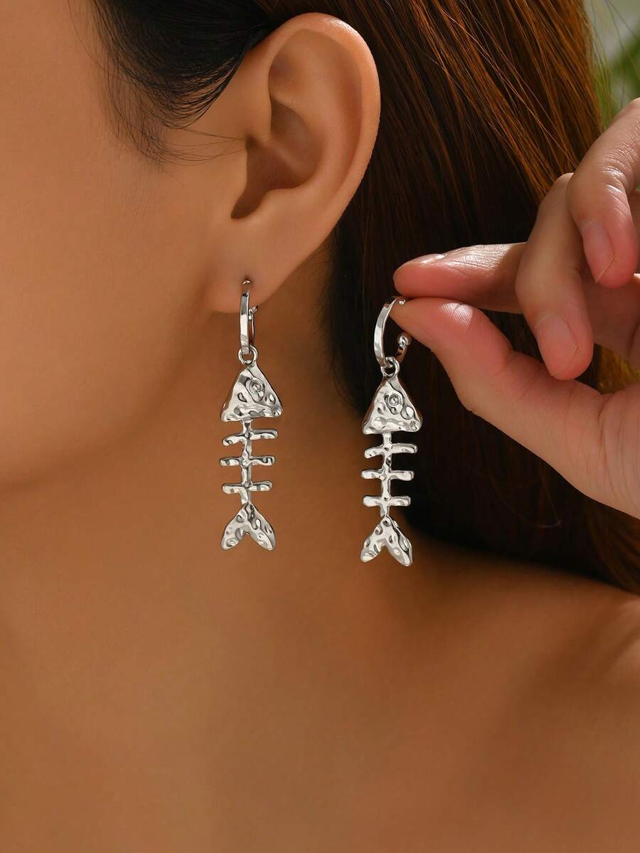 1对新款复古波西米亚风夸张时尚金鱼海星朋克做旧合金仿珍珠耳环，多种款式可选，女士夏季沙滩派对垂坠耳环 - 銀色 - 查看 1