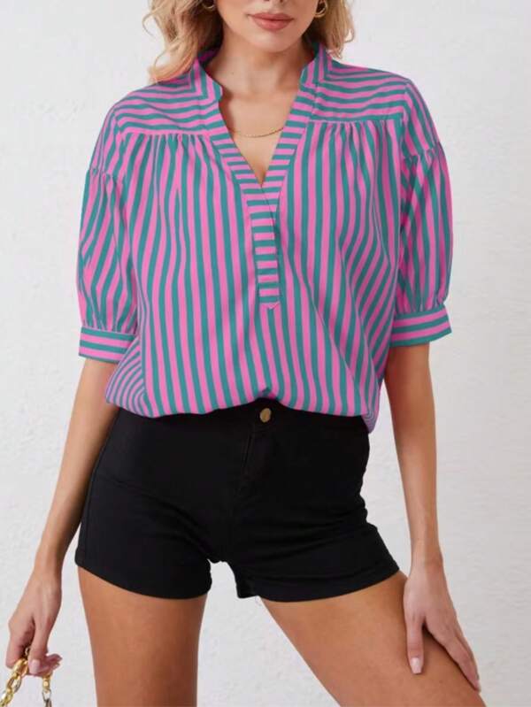 Women's Fashionable Versatile Loose Lantern Sleeve Striped Shirt, Summer