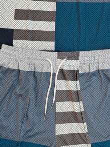 1 Set Men's Sports Casual Suit, Jacquard Splice Print Polo Shirt And Knee Length Shorts Outfit, Summer