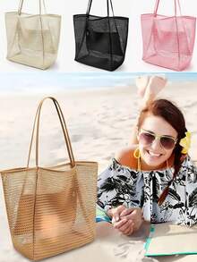 1 件时尚可折叠女士沙滩手提包 - 大容量透明网眼单肩包，带拉链和腕带，耐用牛津布，适合旅行、购物和度假必需品 | 轻巧宽敞的设计，沙滩包 - 彩色 - 查看 4