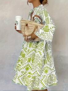1pc Paisley Print Patchwork Bohemian Woven Dress With Buttons, For All Seasons - Green - View 1