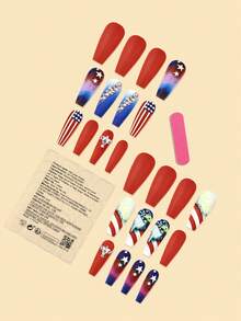 24PCS Independence Day Red Blue White Star Stripe Eagle Rhinestone Long Ballerina Press On Fake Nails Set - Multicolor - View 2