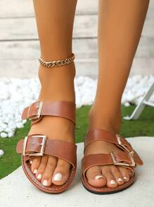 Nuevas sandalias planas, sandalias planas con doble hebilla, abiertas de dedo, retro minimalista, ligeras para playa. Disponibles en marrón, negro, blanco, color café con correa de múltiples hebillas y sandalias elásticas ajustables