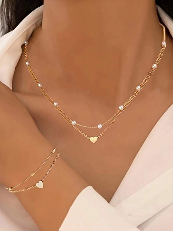 3pcs Pearl Imitation Jewelry Set Includes Necklace And Bracelet, Suitable For Ladies Dating, Holidays, Daily Wear, Simple & Casual