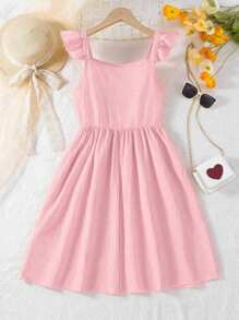 Tween Girl Sleeveless Square Neck A-Line Dress With Elastic Waist, Casual Solid Color Midi Dress, Summer Kids' Clothes