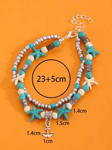 1 Stück modischer, vintage Mehrschicht-Fußkette mit Türkis, Muschel, Reisperlen, geeignet für Männer und Frauen, Strand Urlaub Party Accessoire