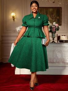 绿色提花两件套翻领纽扣荷叶边遮肚套装 A 字裙加大码女装