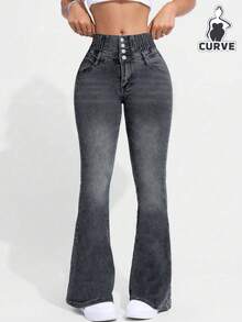 Women's Single-Breasted Fitted Stretch Denim Flare Jeans Casual - Grey - View 1
