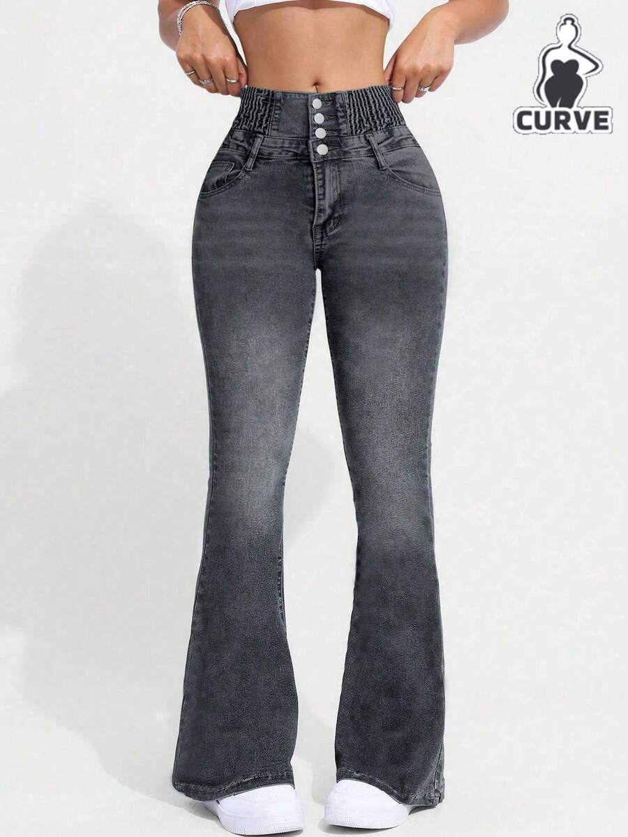 Women's Single-Breasted Fitted Stretch Denim Flare Jeans Casual - Grey - View 1