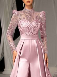 Faeriesty Elegant Satin Jumpsuit With Glittering Sequin Embroidery & Floor-Length Trail | Luxury Evening Wear For Black Tie Galas, Weddings, Formal Events