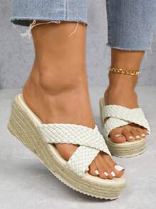 Women's Vacation Platform Sandals With Single Strap & Espadrille Wedge Heel, Plus Size