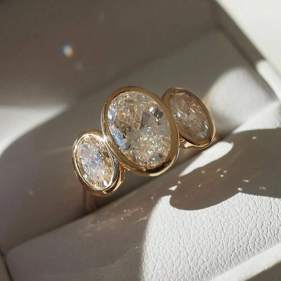 简约鹅蛋形方晶锆石 18K 镀金复古风格时尚女士戒指 - 金色 - 查看 1