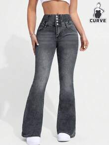 Women's Single-Breasted Fitted Stretch Denim Flare Jeans Casual - Grey - View 5